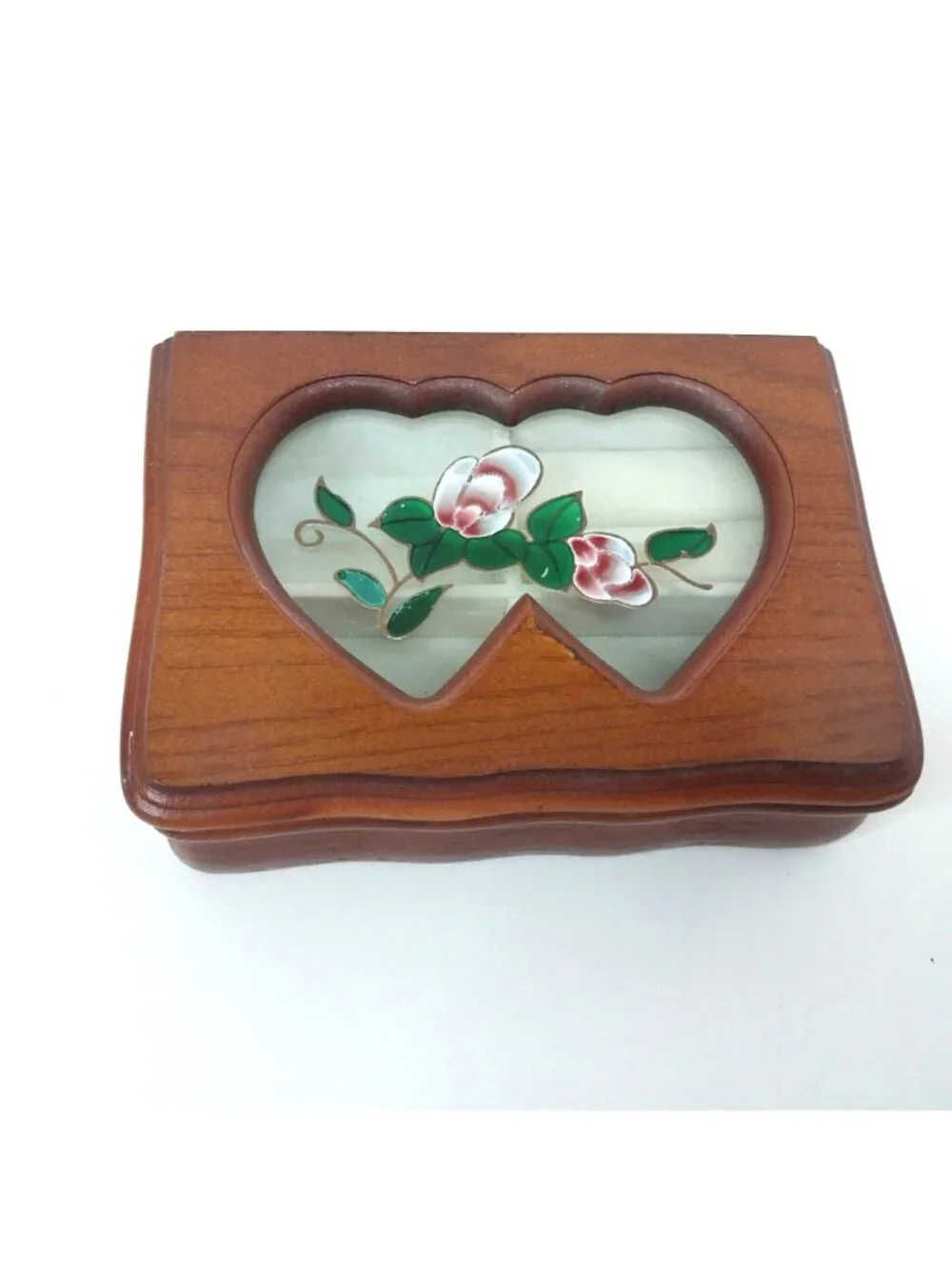 Heart-Shaped Wooden Jewelry Box Stained Glass Style Flower Inlay